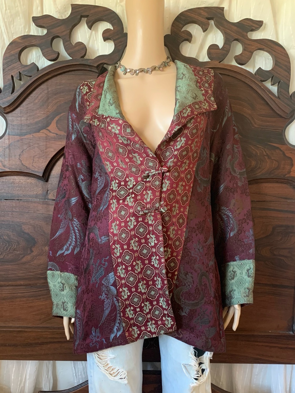 Citron Purple Wine & Mint Green Silk Rayon Asian Dragon Pattern Art Deco Coat